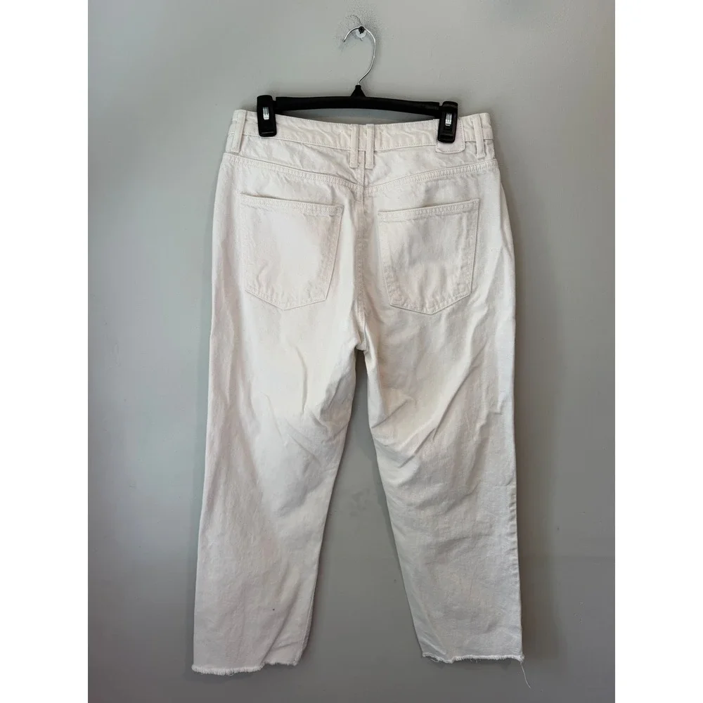 Zara Z1975 High Waist Straight Leg Jeans Ecru White Frayed Hem Size 10